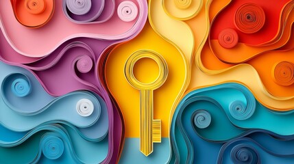 Key discipline success passion solution. A vibrant design featuring swirling paper in various colors, with a prominent yellow key at the center symbolizing access or unlocking potential.