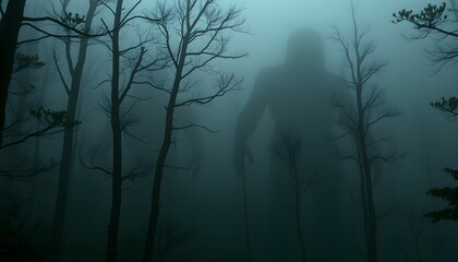 Obraz premium The Foggy Forest: An Encounter with the Mysterious Giant