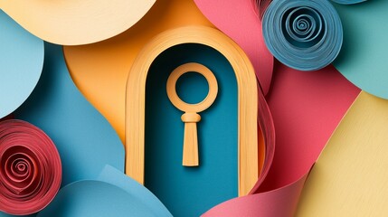 Key discipline success passion solution. A colorful arrangement of paper spirals surrounds a wooden keyhole, symbolizing exploration and discovery.