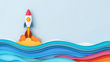 Key discipline success passion solution. A playful illustration of a rocket launching above vibrant waves, blending creativity and adventure in a colorful, paper-like style.