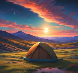 Illustration of camping with tant and wild landcape.