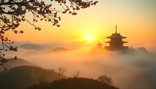 Tranquil Sunrise Over Japanese Pagoda and Cherry Blossoms