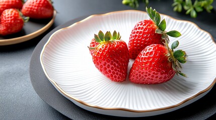 Fresh Ripe Strawberries on Elegant Plate with Decorative Edge and Dark Background for Culinary Use