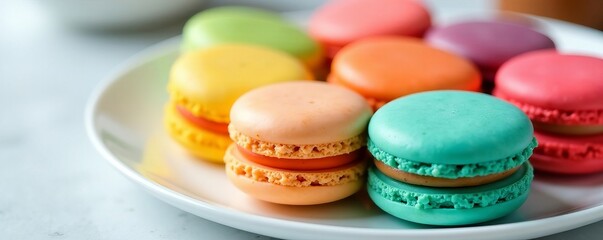 Obraz premium Close-up of assorted colorful macarons on a white plate, tasty, delicious , sweet