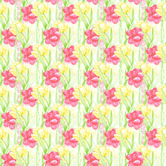 Hand drawn watercolor scarlet and yellow tulips with green leaves seamless pattern. Illustration isolated on white background. Can be used for textile, fabric, wrapping and other printed products.