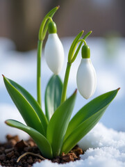 Fototapeta premium The Delicate White Petals Of The Snowdrop Plant Emerge From Winter Dormancy Signaling The End Of Cold Weather Periods Outside.