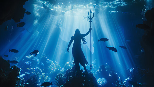  goddess Tiamat standing on an ancient shipwreck, surrounded by blue light rays and fish swimming around her in the deep ocean waters. She holds up two arms with a trident weapon raised above her head