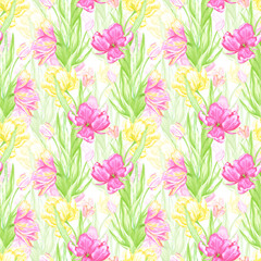 Hand drawn watercolor pink and yellow tulips with green leaves seamless pattern. Illustration isolated on white background. Can be used for textile, fabric, wrapping and other printed products.