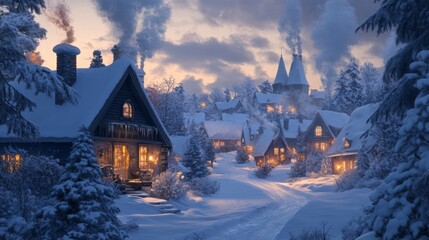 A serene snowy village, chimneys smoking, warm light glowing from windows