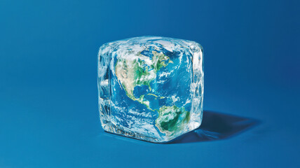 Fototapeta premium conceptual image of Earth encased in transparent ice cube, symbolizing climate change