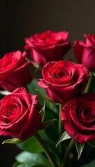 Fototapeta premium Close-up of beautiful red roses bouquet with elegant happy birthday card, occasion, bouquet