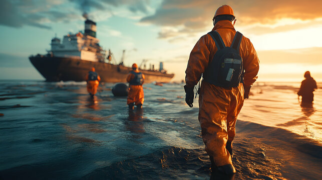 Environmental Cleanup Crew at Sunset Near a Shipwreck
