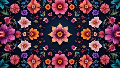Vibrant Floral Pattern Design Featuring Colorful Flowers on Dark Background for Decorative Use