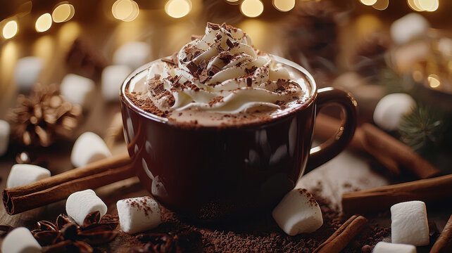cozy winter themed scene featuring steaming cup of hot chocolate topped with whipped cream, chocolate shavings, and