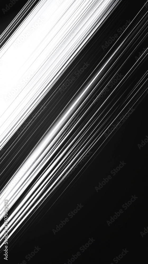 Poster Abstract image of diagonal white and black lines creating a dynamic, energetic effect, showcasing speed, movement, and modern design, ideal for a tech or minimalist background
