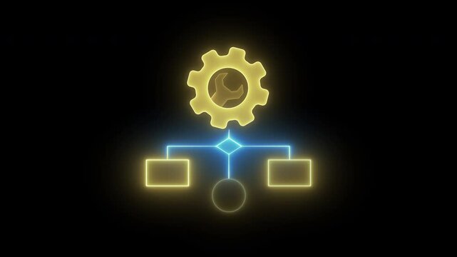 Business efficiency concept, how much a company or organization can produce as it relates to time, cost and quality. Glowing neon line of workflow optimization icon isolated on transparent background.