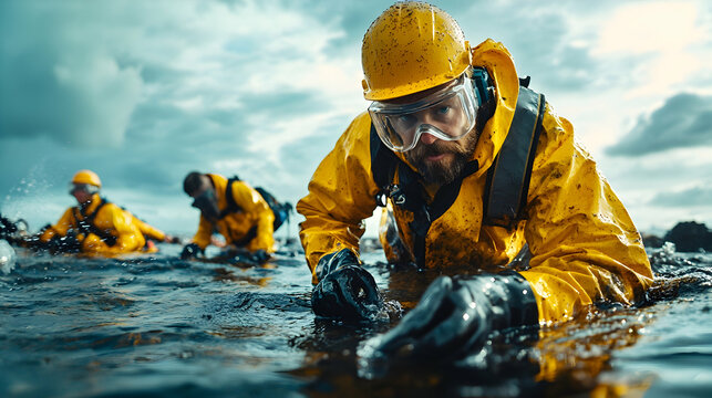 Environmental Cleanup Crew in Protective Gear Working in Contaminated Water