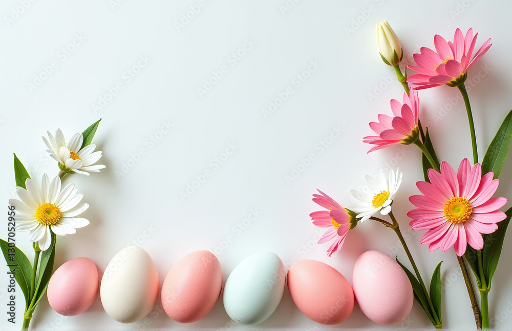 Poster spring flowers and easter eggs arranged on a light background in a flat lay composition for a festiv
