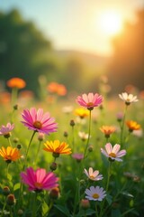 Obraz premium Close-up of blooming wildflowers in a meadow under the bright sun, landscape, field, blossom