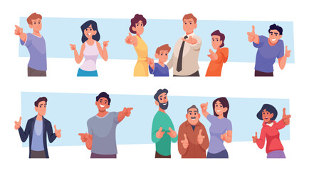 People pointing. Characters finger gesturing showing or picking at you exact vector crowd illustrations set