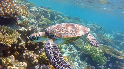 Fototapeta premium A sea turtle swimming among colorful coral underwater peacefully