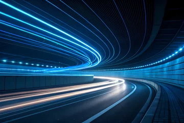 Fotobehang Light trails speeding through futuristic illuminated tunnel at night © utaem2022