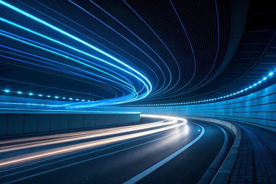 Light trails speeding through futuristic illuminated tunnel at night