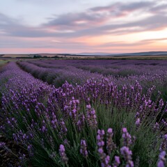 Fototapeta premium Sunrise Lavender Field Rows, Purple Blossoms, Rural Landscape, Calm Sunset