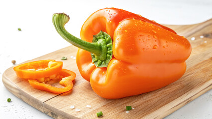 Orange sweet pepper, pepper with a smooth, shiny surface and bright green stalk. A vegetable for use in cookbooks, recipes, promotional materials, food packaging and 