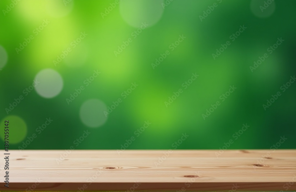 Aufkleber Simple Scene Featuring A Green Background With Blurred Bokeh And A Minimalist Setup Of An Empty Wooden Table.