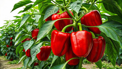 Red sweet pepper, pepper with a smooth, shiny surface and bright green stalk. A vegetable for use in cookbooks, recipes, promotional materials, food packaging and design related to healthy eating 