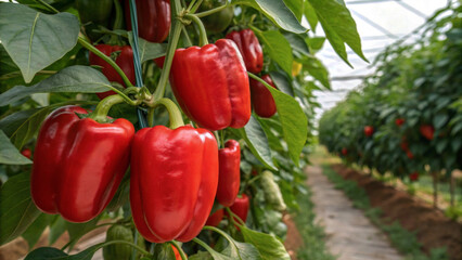 Red sweet pepper, pepper with a smooth, shiny surface and bright green stalk. A vegetable for use in cookbooks, recipes, promotional materials, food packaging and design related to healthy eating 