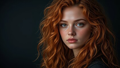 Fototapeta premium Portrait of Young Woman with Wavy Red Hair and Freckles