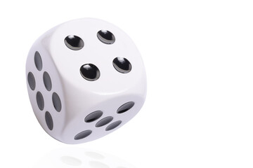 Isolated large white die or dice with black dots on white background, template of a die or dice, gambling addiction or table game concept, copy space