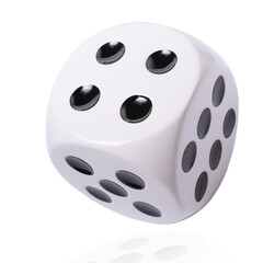 Isolated large white die or dice with black dots on white background, template of a die or dice, gambling addiction or table game concept, copy space
