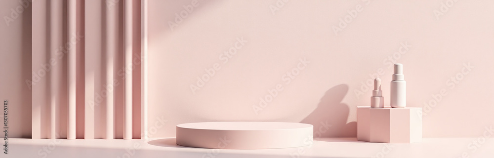 Aufkleber Realistic 3d Set With Minimalist Wall Scene In Soft Colors Features A Pedestal With Geometric Vector Rendering For Cosmetics Display.