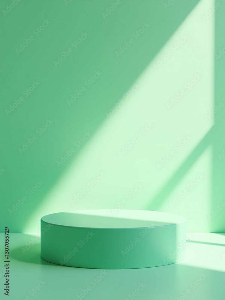 Poster realistic 3d pedestal with green cylinder, light, and shadow creates an abstract composition for a p