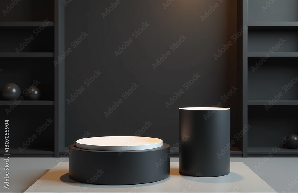 Poster product display features a black pedestal with a dark background and a cylinder stand, set against a