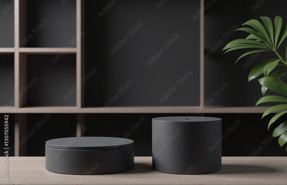 Poster product display features a black pedestal with a dark background and a cylinder stand, set against a