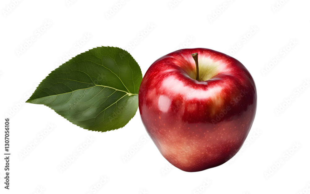 Poster a bright red apple with green leaves on top, isolated on a empty plain background