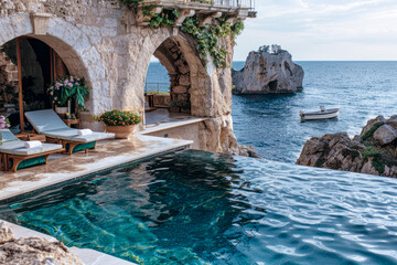 A luxurious seaside villa with an infinity pool overlooking the ocean. Stone architecture, lush greenery, and elegant lounge chairs create a peaceful and idyllic retreat