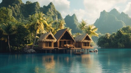 Fototapeta premium Luxury Overwater Bungalows in Tropical Paradise
