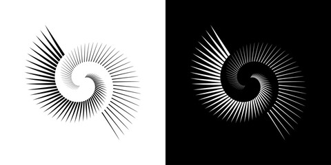 Dynamic abstract spiral sound wave rhythm lines. Circular spiral sound wave rhythm of lines. Circular futuristic abstract lines, black and white background.