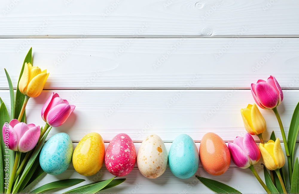 Poster natural dyed colorful eggs and spring flowers create a beautiful, rustic scene against a white woode