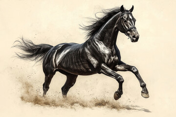 a black horse in a powerful jump, its mane and tail fluttering in the air. It looks strong, graceful and muscular, its smooth black coat shining in the light.  