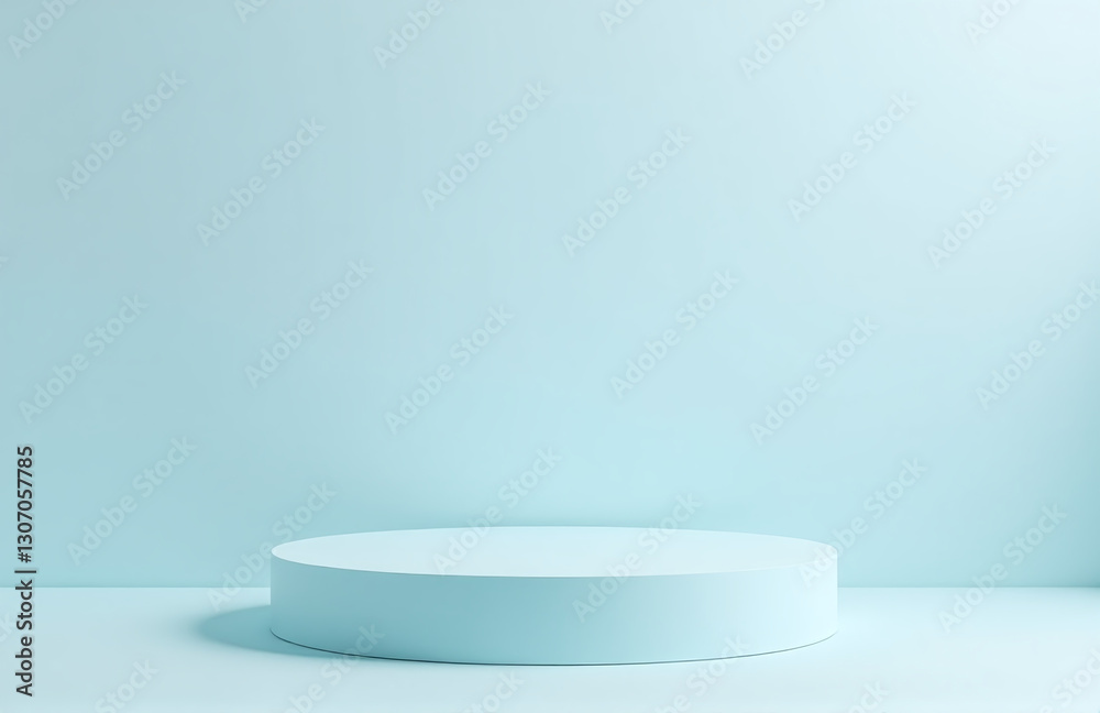 Poster minimalist modern pedestal display on a light blue 3d platform with a white background, showcasing a