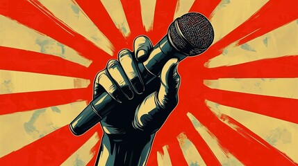 A raised fist holding a microphone symbolizes the power and right to speak freely.
