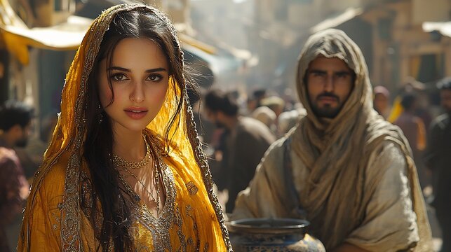 Two individuals different classes judging each other based their attire one in luxurious designer clothing and the other in modest traditional wear The setting is a crowded street in an Indo Pak city