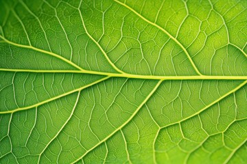 Obraz premium A close-up of a vibrant green leaf showcasing its intricate vein patterns against a soft, blurred background.