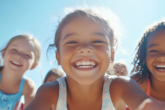 A girl with autism laughs and plays with other children. World Autism Awareness Day. April 2nd